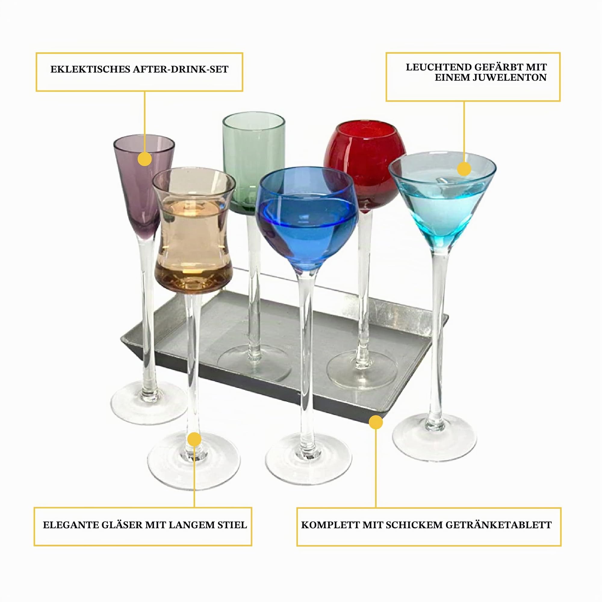 ARTLAND – Likörgläser-Set mit langem Stiel – 7-teiliges Set mit mehrfarbigen Trinkgläsern für Wein, Cocktails, Champagner – Set in Geschenkbox