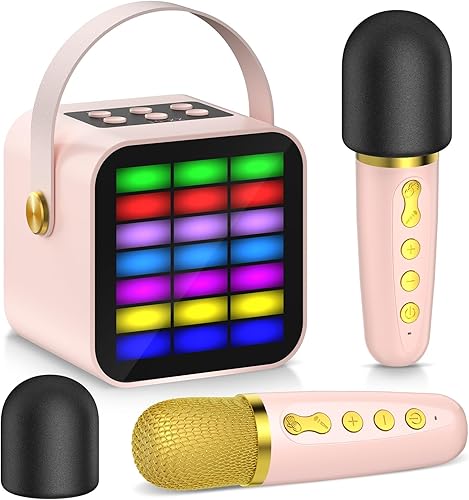 Mini máquina de karaoke para niños y niñas altavoz Bluetooth portátil con 2 micrófonos inalámbricos y luces RGB, juguetes de regalo de cumpleaños
