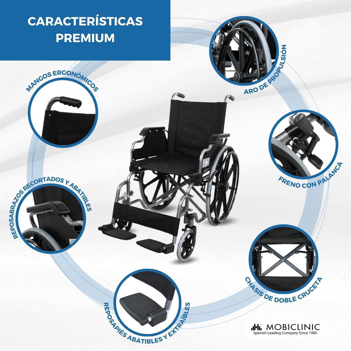 Mobiclinic®, Silla de Ruedas Plegable, Autopropulsable, Giralda, Asiento 43 cm, Máx. 100 Kg, Reposapiés Extraíbles, Reposabrazos Abatibles, Ultraligera, Negro
