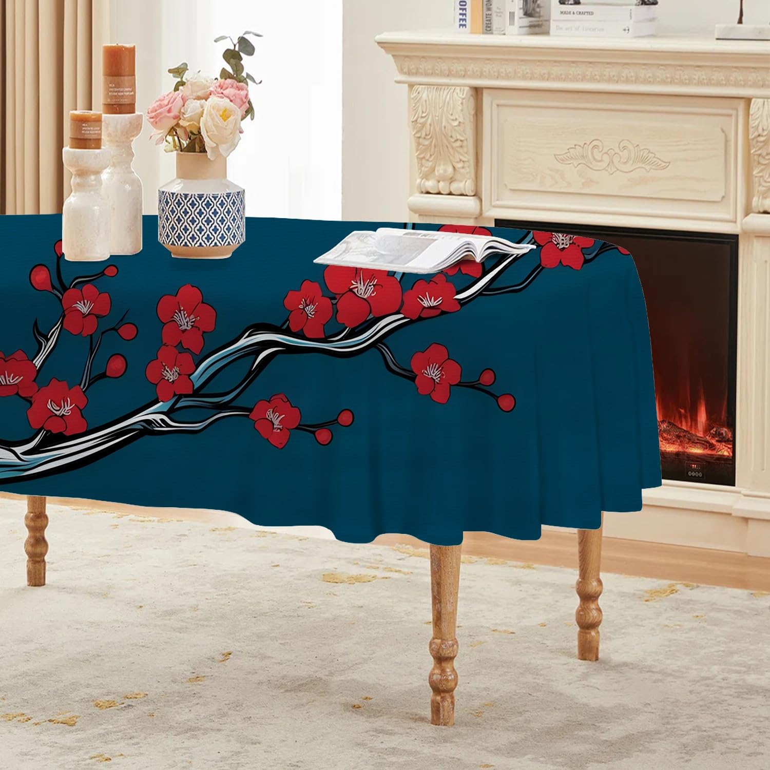 Style Chinois Nappe Ovale 160x200 cm Fleur De Prunier Rouge, Nappe de Table Motif Orientale en Polyester, Nappe en Tissu Imperméable et Anti-Tache, pour Cuisine, Salle à Manger, Jardin - G-444