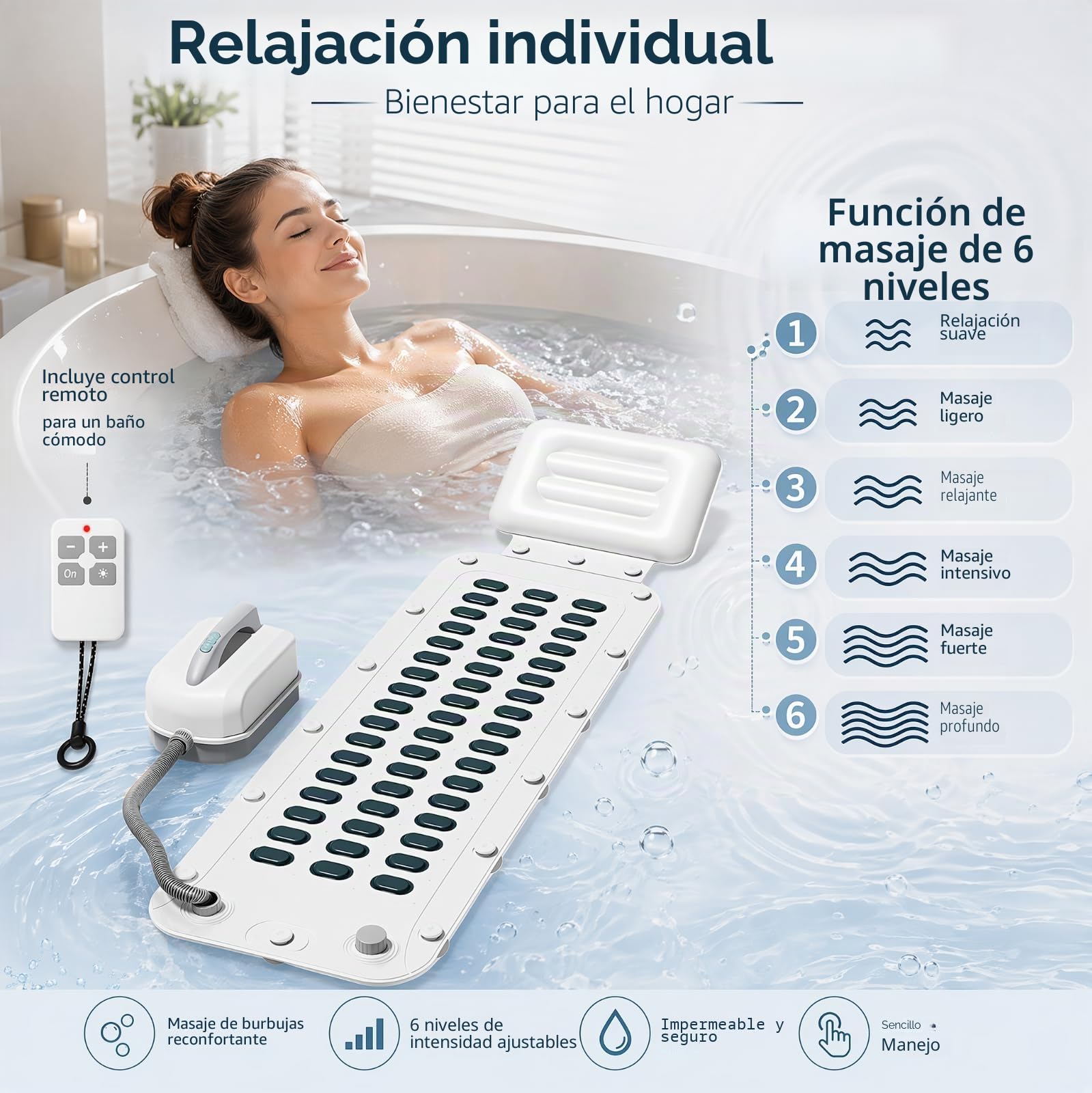 Alfombrilla de baño de spa con burbujas, alfombrilla de bañera de hidromasaje con cojín, ventosas antideslizantes, masajeador portátil con 6 burbujas de velocidad para relajación en el hogar