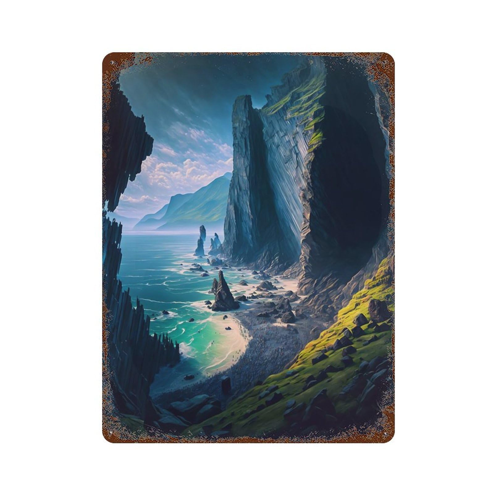 Coastal Cliff 15.7"x11.8" Aged Metal Wall Plaque, Retro Wall Decor for Farmhouse, Kitchen And Entryway Decor