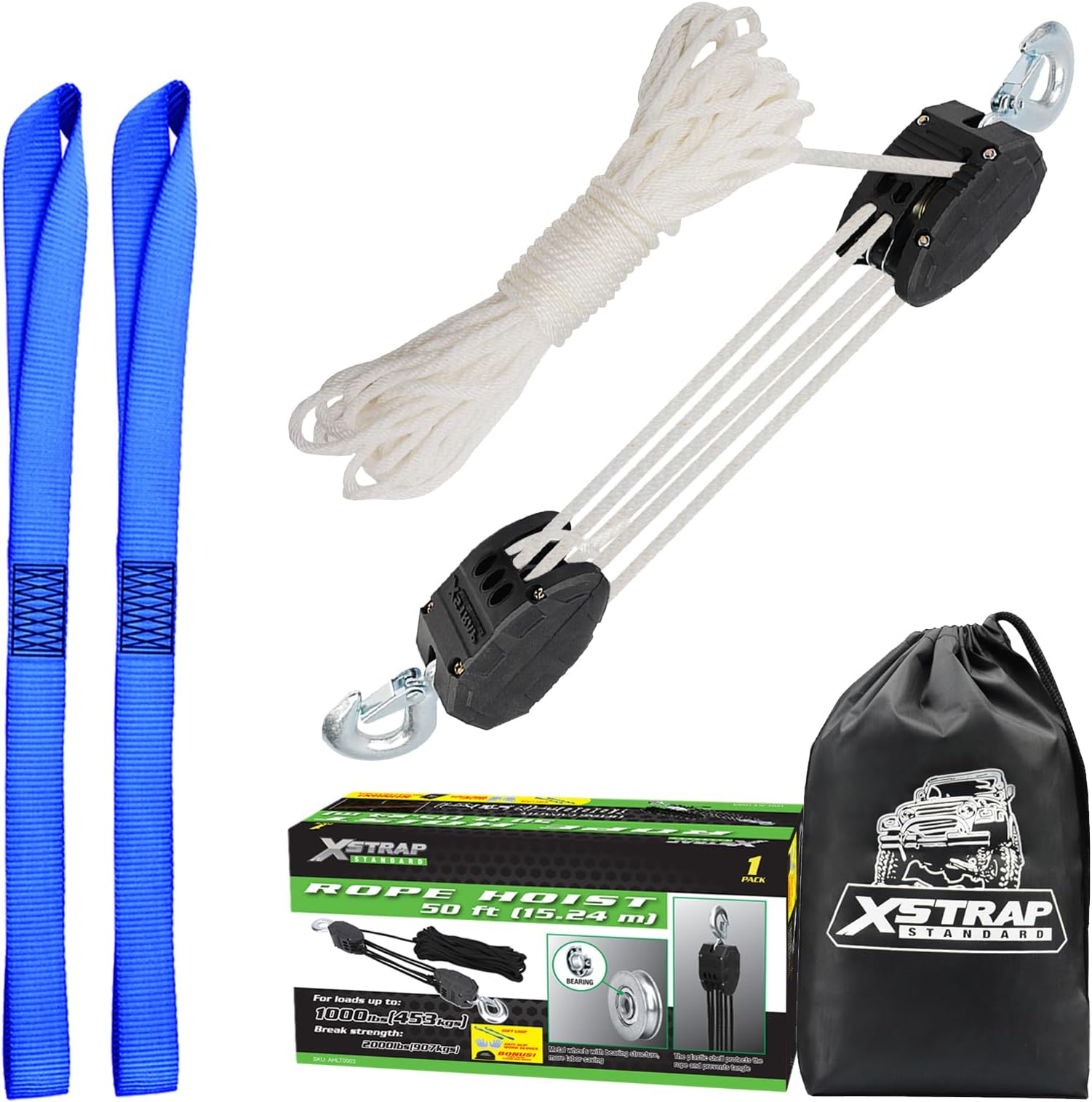 XSTRAP STANDARD Heavy-Duty 2,000LB 50 Feet Reflective Rope Hoist Pulley 1 Ton Wheel Block and Tackle System 5:1 Ratio Lifting Power with 2PK 18 Inch Soft Loop (Upgraded 50ft White)