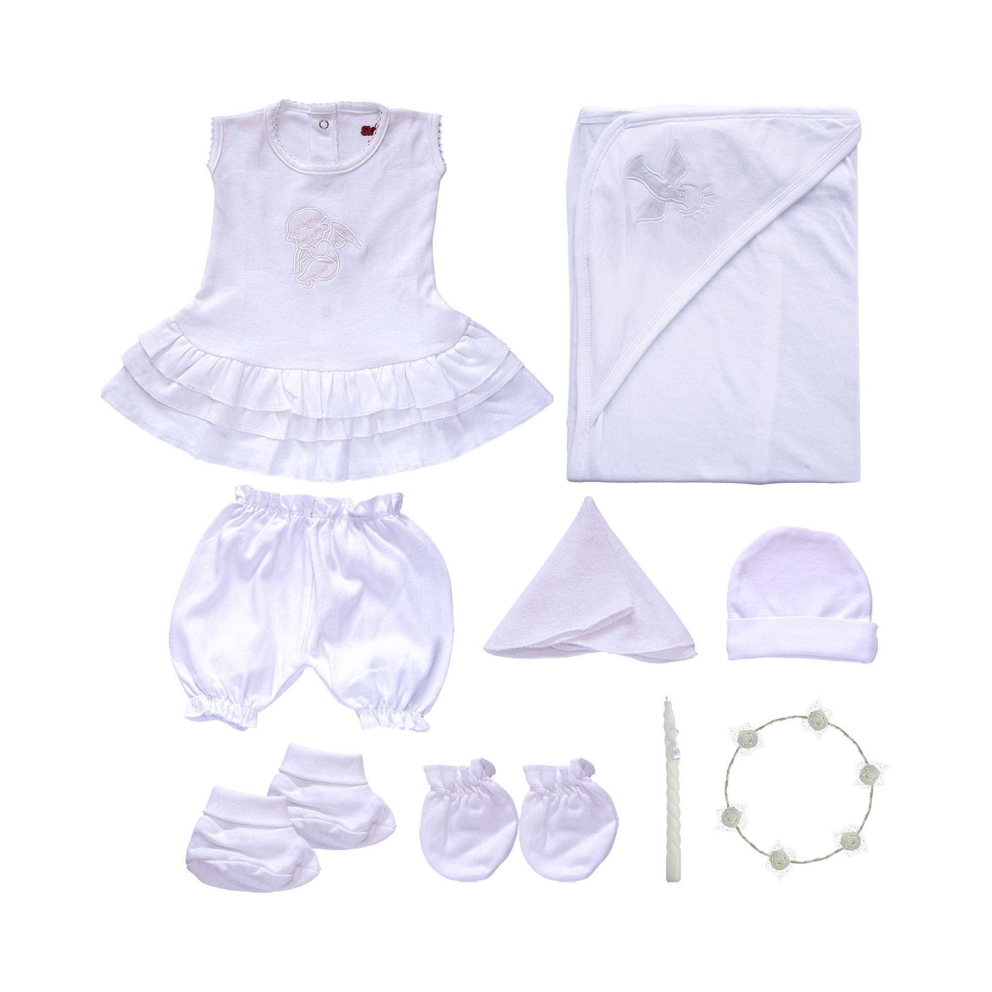 SkinCo Baptism Set for Girls with Shirt, Short, Hat, Mittens, Booties, Wash Cloth, Candle, Crown and Baptism Towel…-image-1