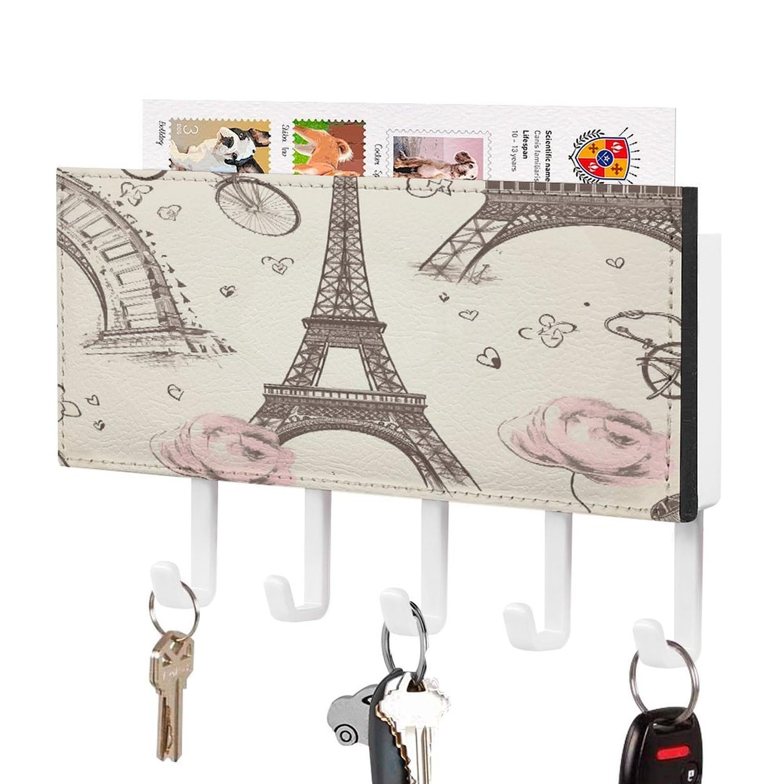 LDGSUPH The Eiffel Tower and A Bicycle Key Holder Wall Mount Key Hanger with 5 Hooks Fashion Key Organizer Rack Hanging Key Hooks with Mail Organizer Key Rack for Home Entryway Hallway White-Style