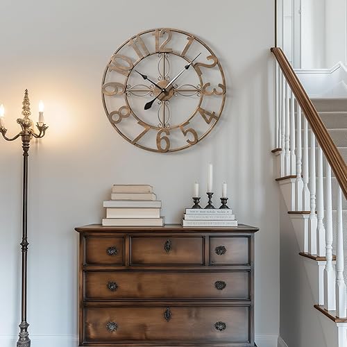 Miniatura 8 de Reloj de pared de 24 pulgadas, relojes de pared grandes para sala de estar, reloj redondo de metal decorativo, funciona con pilas, silencioso, sin