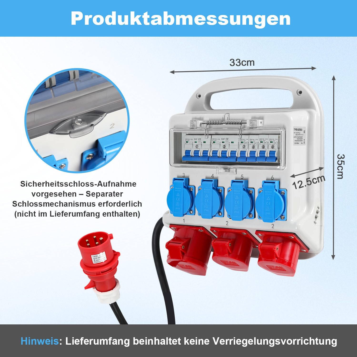 Distributore di corrente da costruzione, 2 x CEE 400 V/16 A, 1 x CEE 400 V/32 A, 4 x 230 V, con interruttore automatico, con cavo di alimentazione da 1,2 m, per cantieri