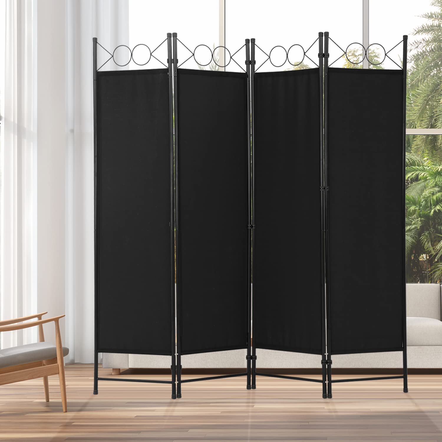 Room Divider 4 Panel Privacy Fence Screen Room Dividers and Folding Privacy Screens Wall Divider 5.6FT Steel Frame Divider Freestanding Partition for Home Office, Black