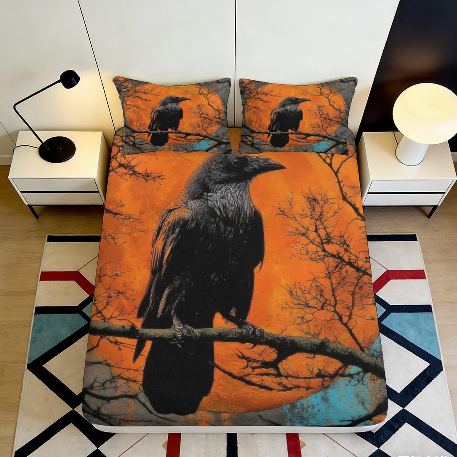 3D Printed Raven on Orange Branch Fitted Sheet Microfiber Soft Breathable Crow Bed Cover for Bedroom Dorm Mattress Decor 90x200x25cm
