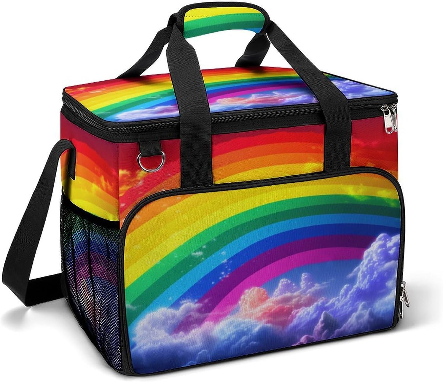 Large Capacity Oxford Cloth Rainbow Printed Camping Ice Bag, Outdoor Portable Insulation and Cooling Bag, Suitable for Outdoor Camping and Picnics