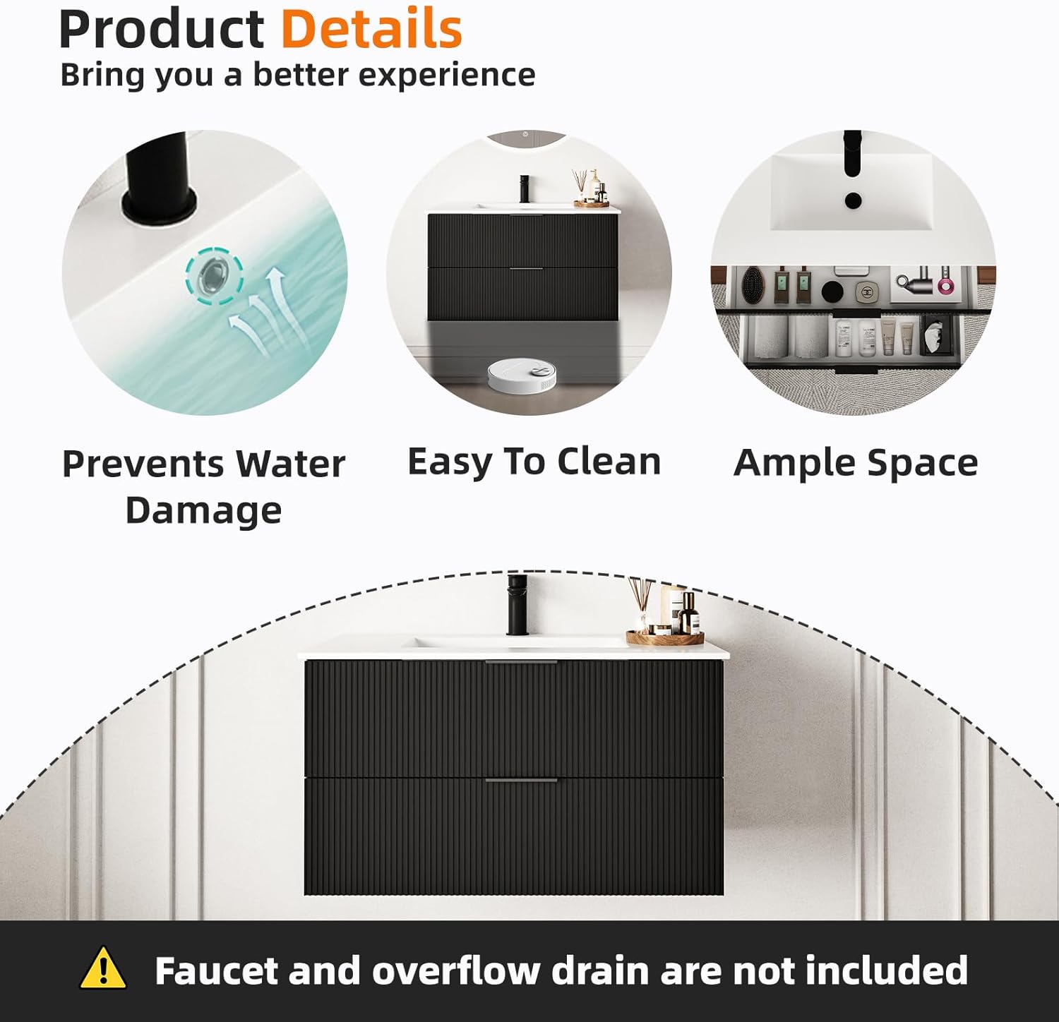 Product details showing icons for preventing water damage, easy cleaning, and ample space, with a visual of water flowing away from the sink.