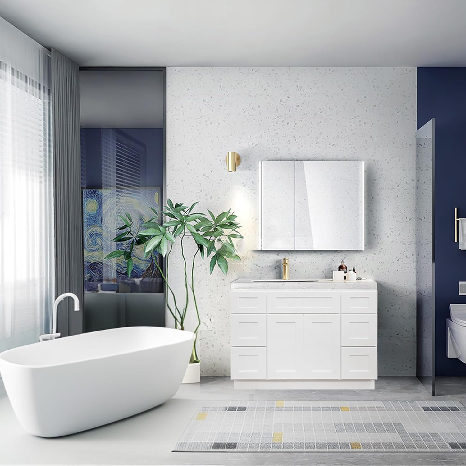 Bathroom Vanity Cabinet, Vanity Base, RTA Bathroom Vanity, 2 Soft Close Doors and 6 Soft Close Drawers, White Shaker, Paint, Unassemble (White Shaker Style, 48" W X 34.5" H X 21" D)