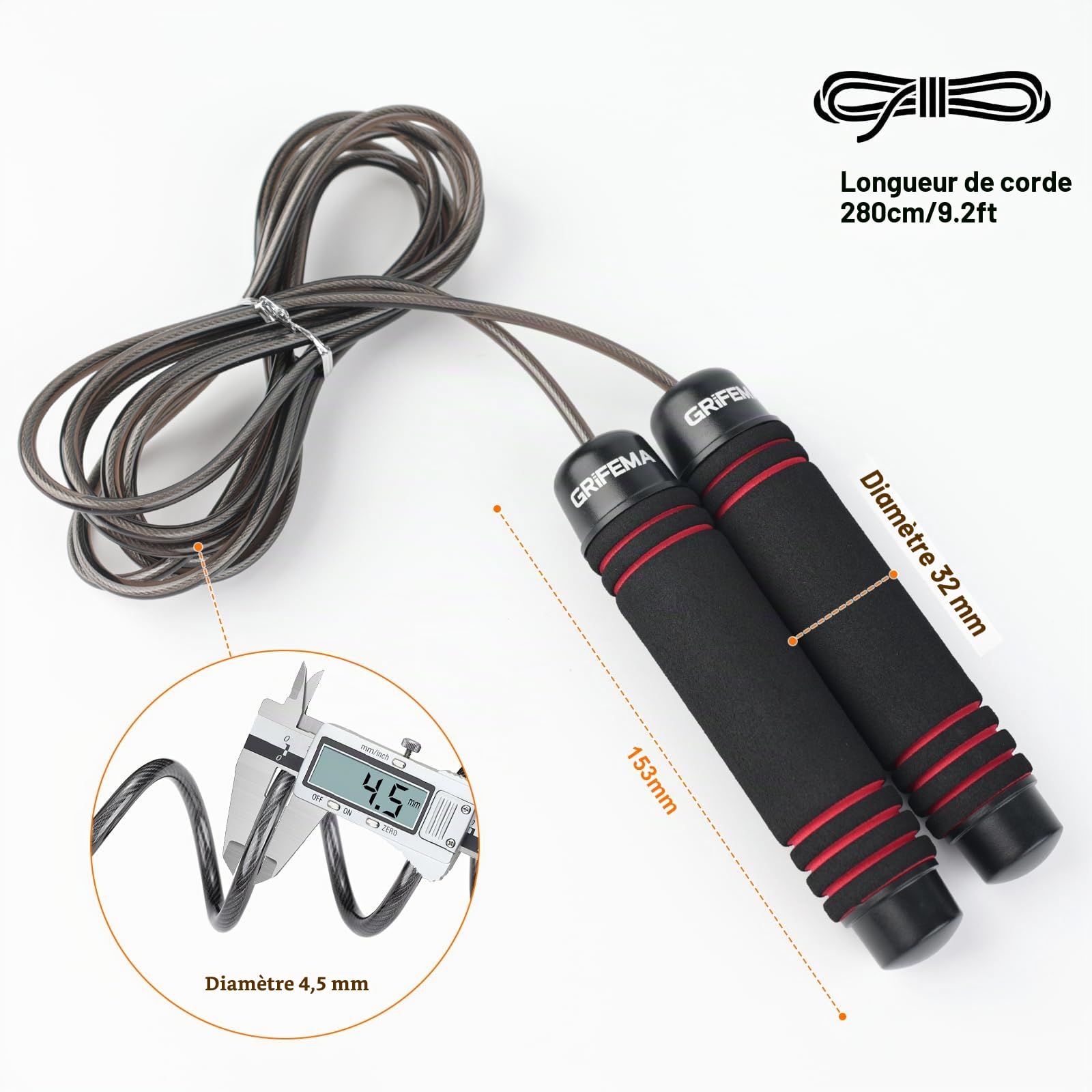 GRIFEMA GA5004 Corde à Sauter Poignée Mousse Antidérapante Fitness Musculation Noir