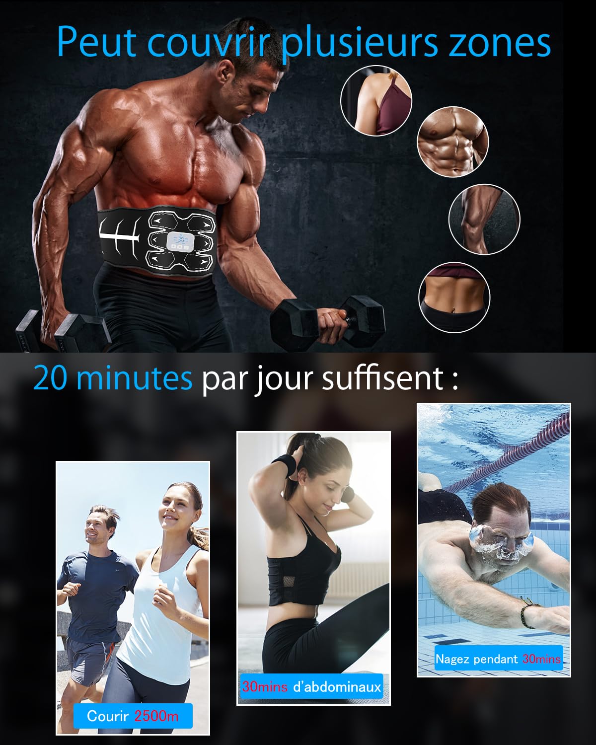 Electrostimulateur Musculaire, ceinture abdominale electrostimulation, Lavable, Coussinet en silicone doux pour la peau, Pas besoin de remplacer, 6 modes, 30 niveaux, stimulateur musculaire, Unisexe