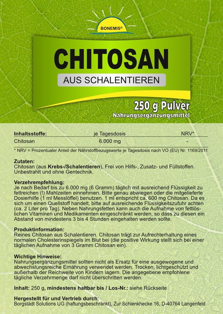 Chitosan (aus Schalentieren), Premiumqualität ohne Zusatzstoffe, 250 Gramm Beutel, Bonemis®