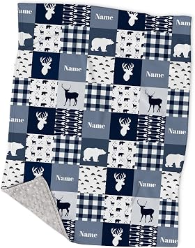 Woodland Personalized Minky Baby Blanket with Name, Custom Moose and Bear, Soft Arrows for Infant Newborn, Navy Blue