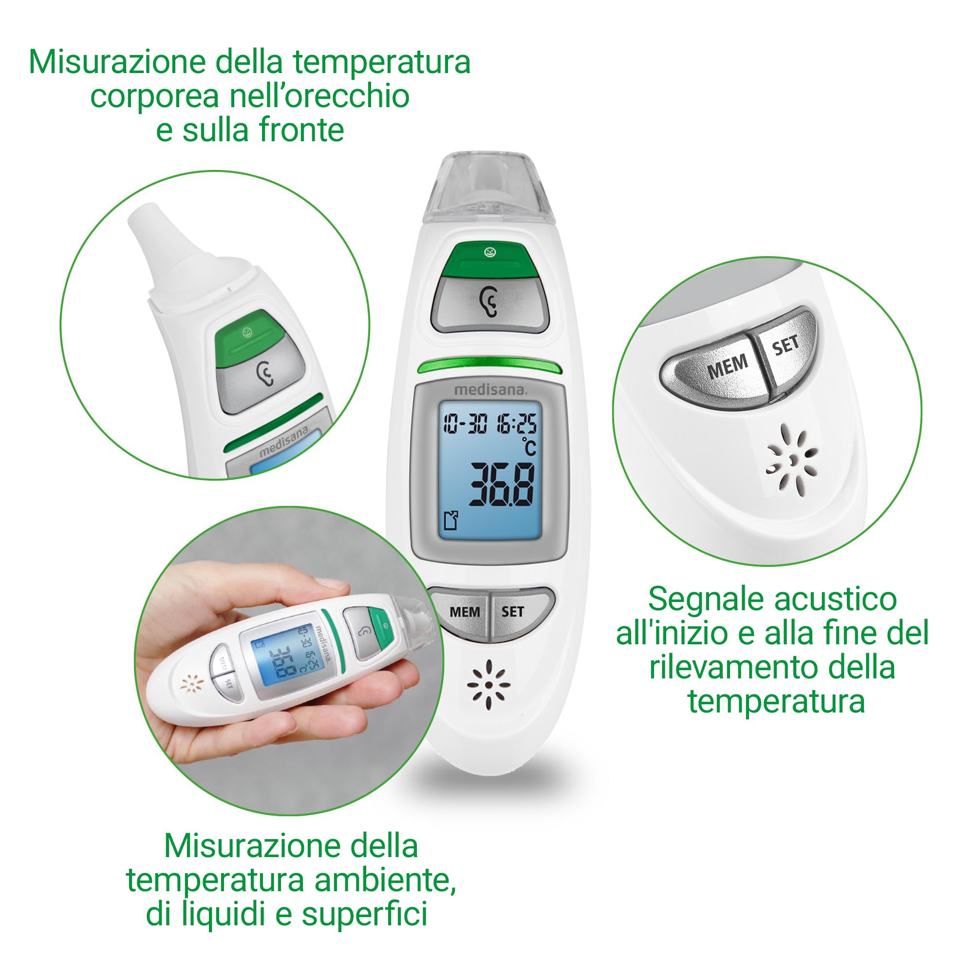 medisana TM 750 digitale 6in1 termometro clinico Termometro auricolare per neonati, bambini e adulti, termometro frontale con allarme visivo di febbre, funzione di memoria e misurazione di liquidi