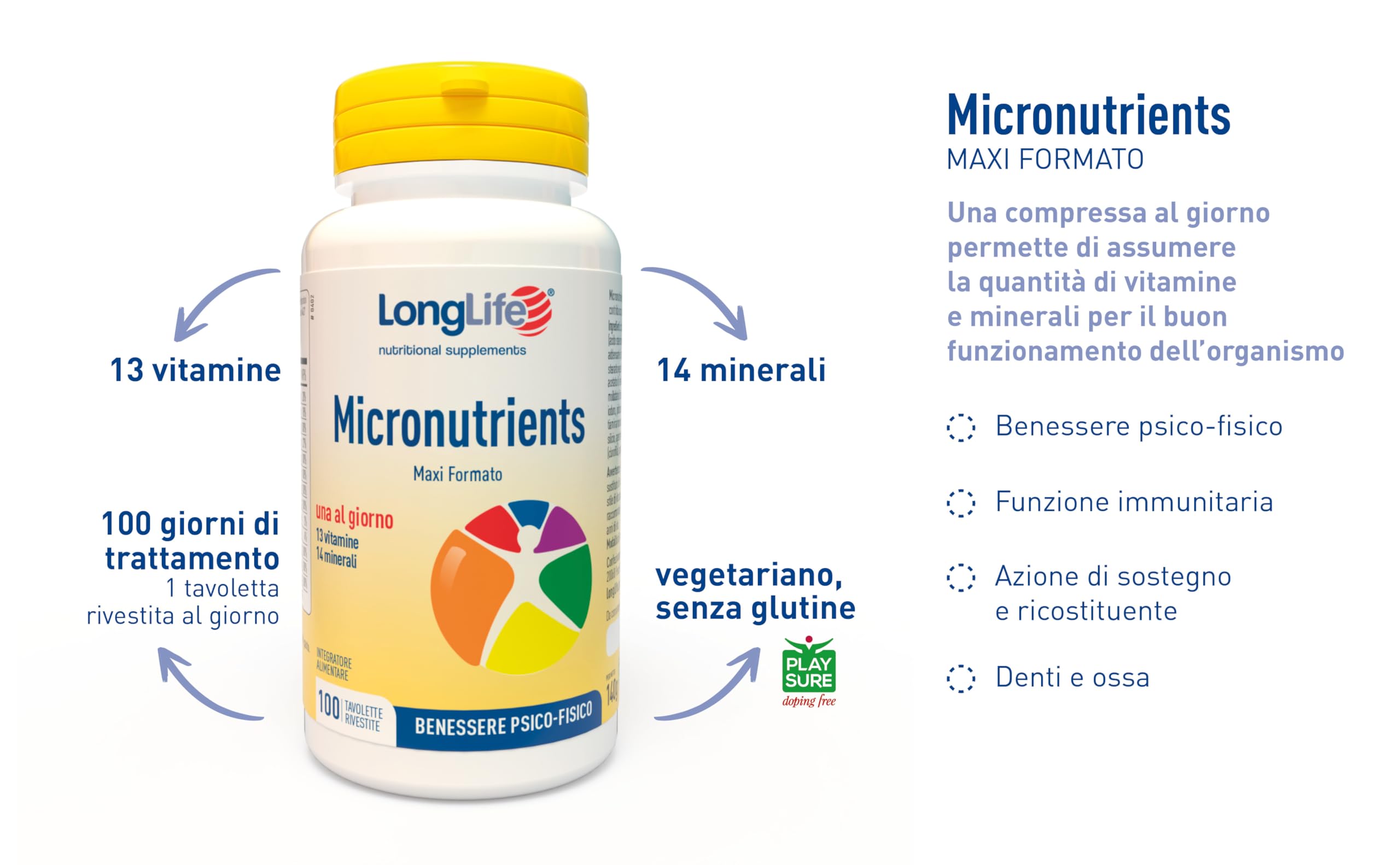 LongLife® Micronutrients 100 tav | Multivitaminico | Alto dosaggio | Benessere psicofisico | Sostegno immunitario, psicologico, muscolare | 100 giorni di trattamento | Vegetariano e senza glutine