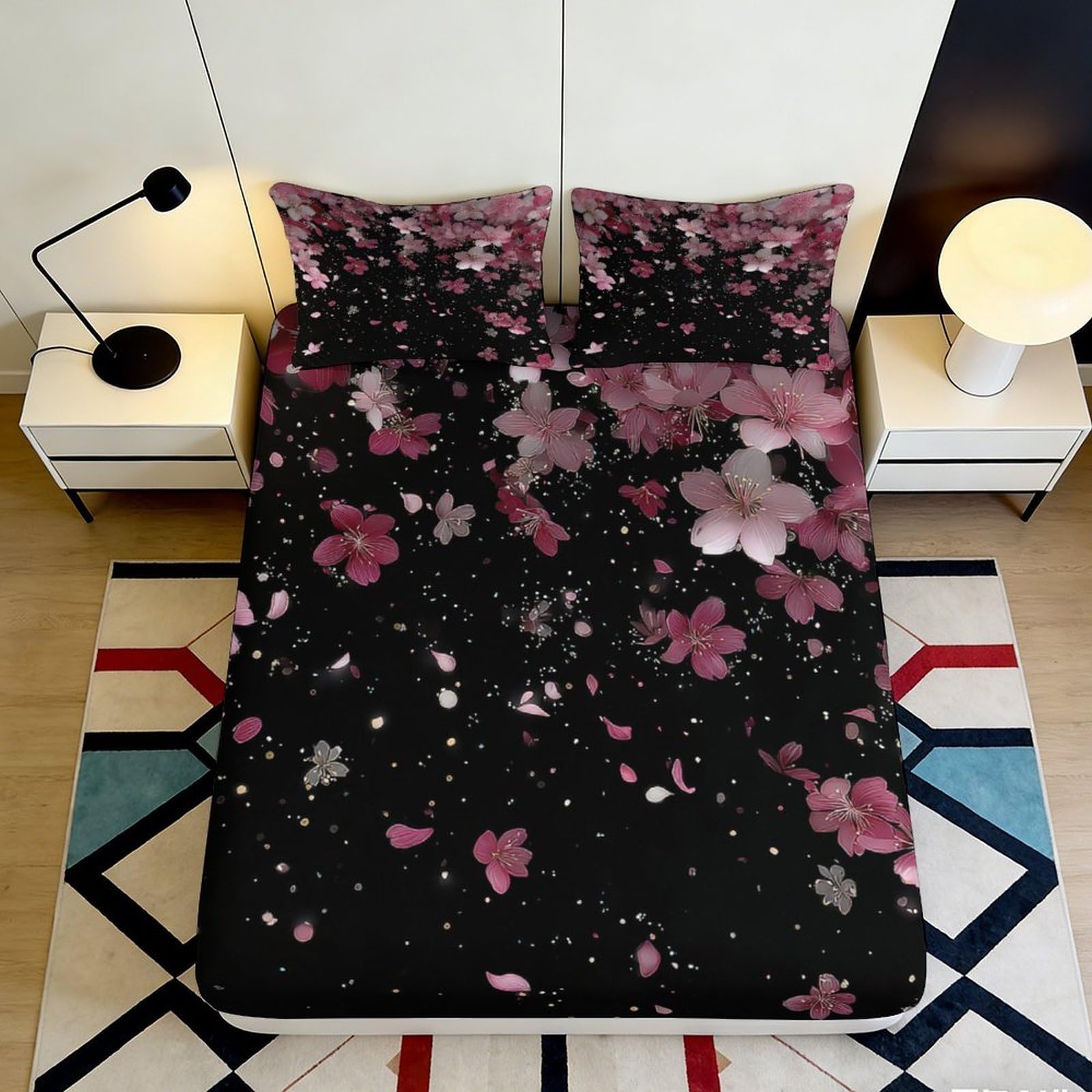 3D Printed Cherry Blossom Fitted Sheet Microfiber Soft Breathable Floral Bed Cover Mattress Protection for Bedroom Dormitory Guest Room 120x200x25cm