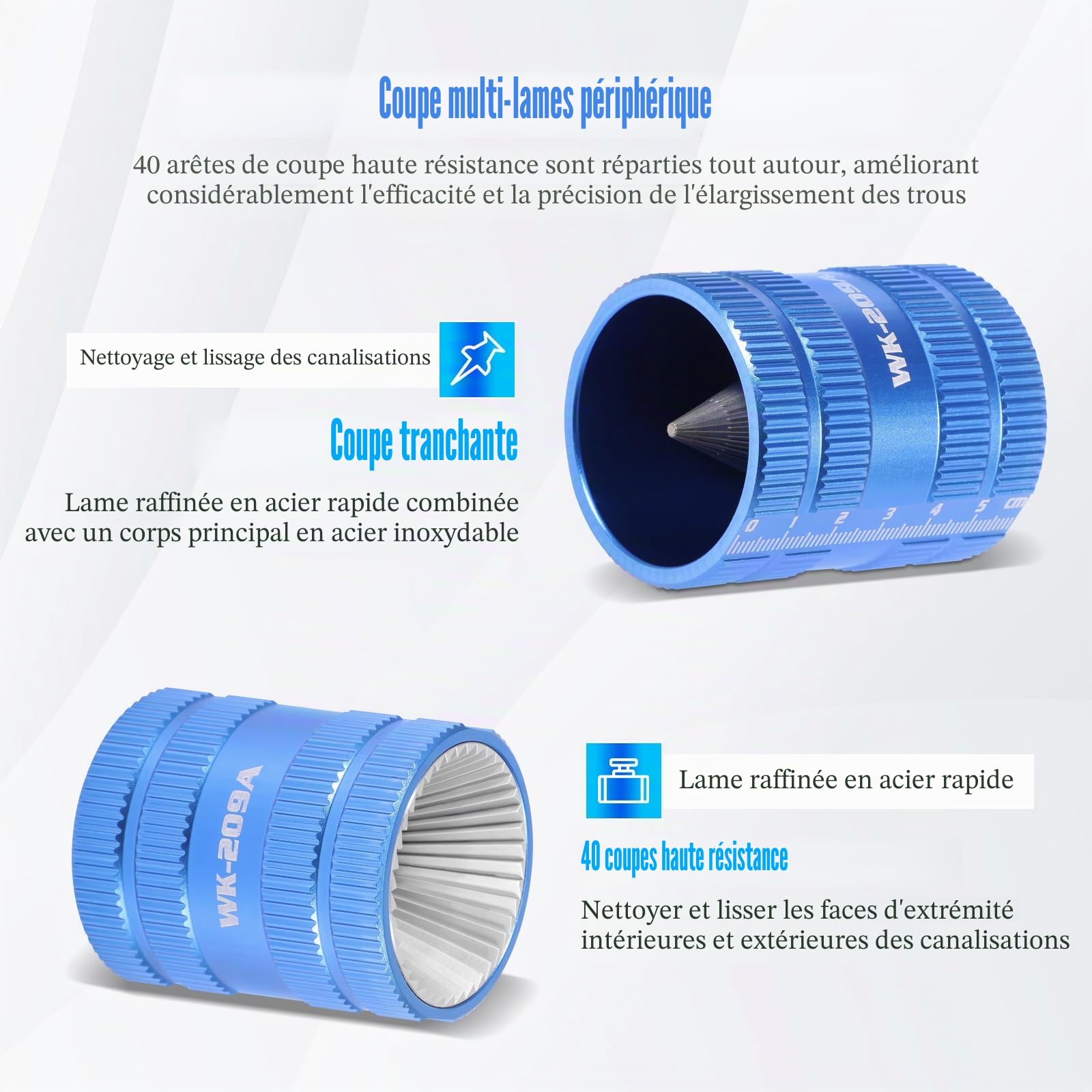 Ébavureur intérieur et extérieur en acier inoxydable Ø 6-42 mm pour tuyaux en cuivre et en plastique, climatisation