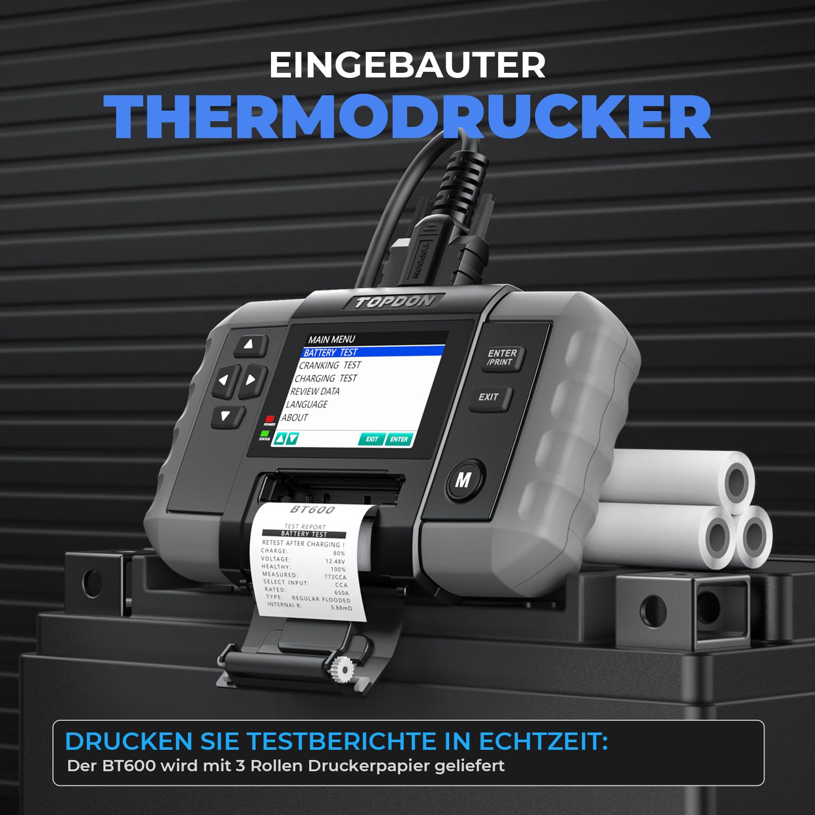 TOPDON BT600 Autobatterietester, Batterietester KFZ 12V 24V, 100-2000 CCA Starttester Autobatterie Tester, 3.5 Zoll Farbbildschirm, 1,8m Kabel, Berichte in Echtzeit Gedruckt, für Heimwerker und Profis