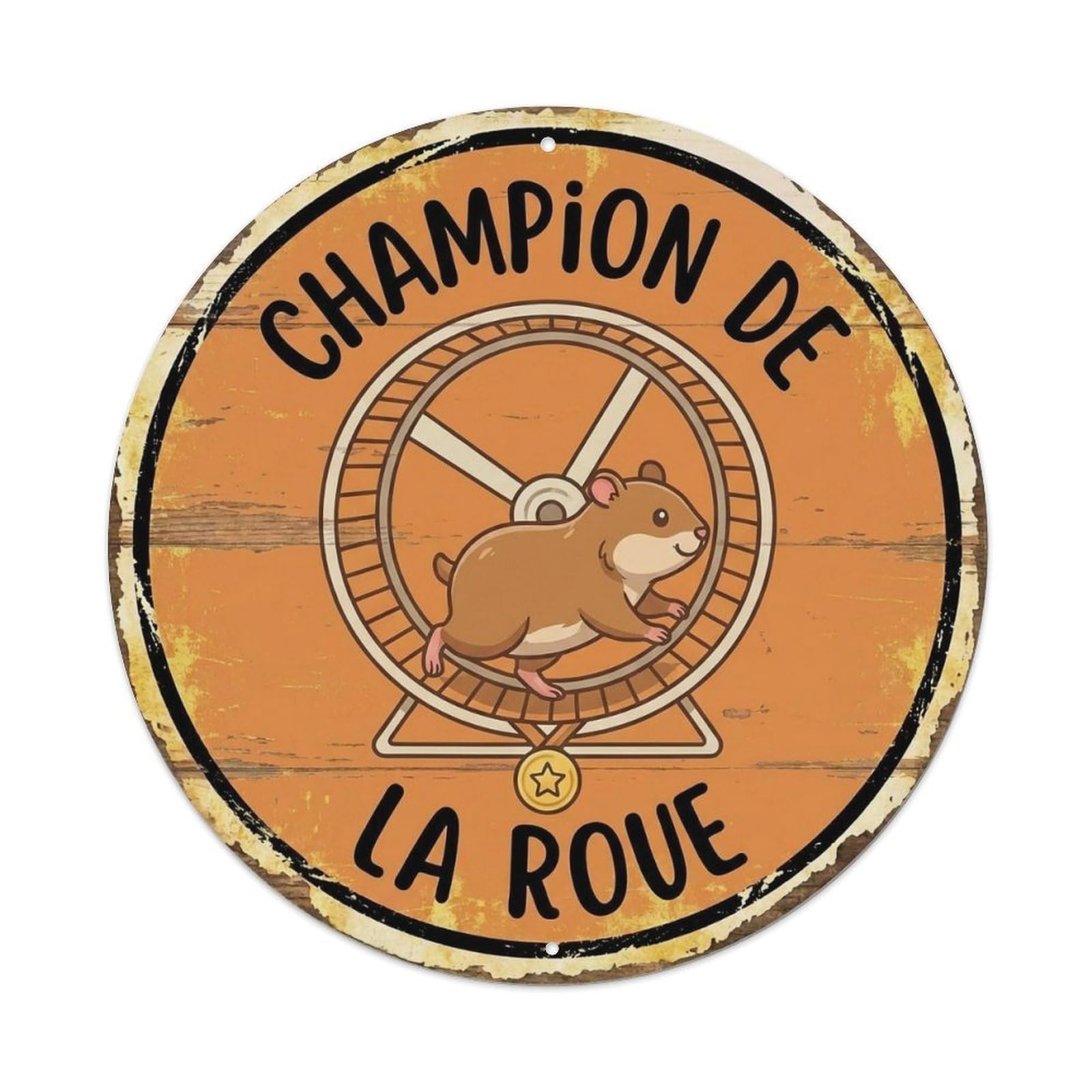 Hamster Wheel Champion Round Wall Hanging Metal Tin Sign