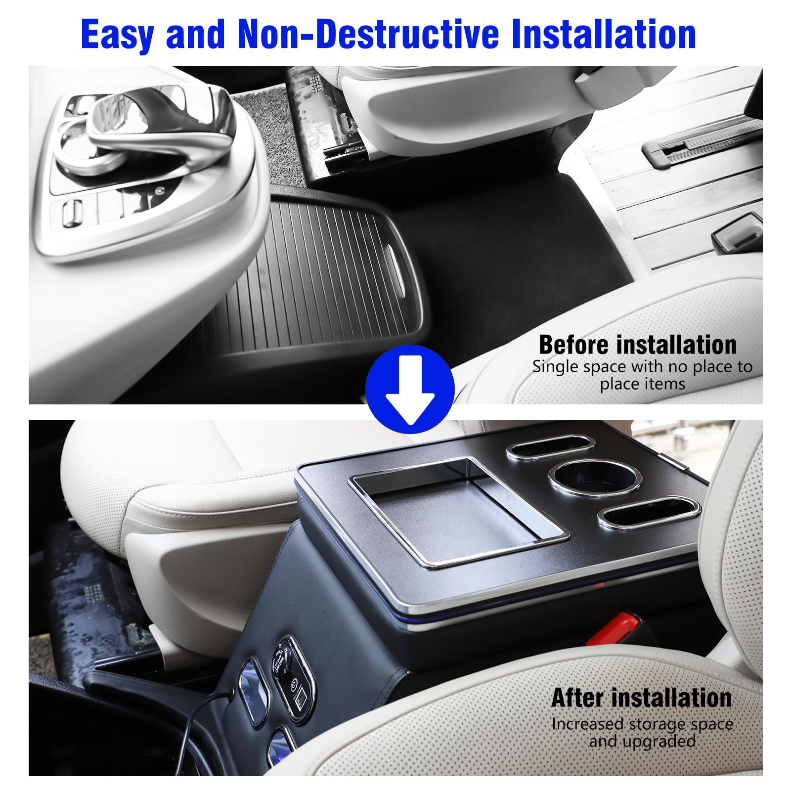 Auto Armlehne Box Center Console Organizer für V-Klasse V220 V260 V250 W447 einfache Installation, mit7 Farben LED-Leuchten-Typ-C USB-Anschluss Schwarz Leder Armlehne Zubehör (black)