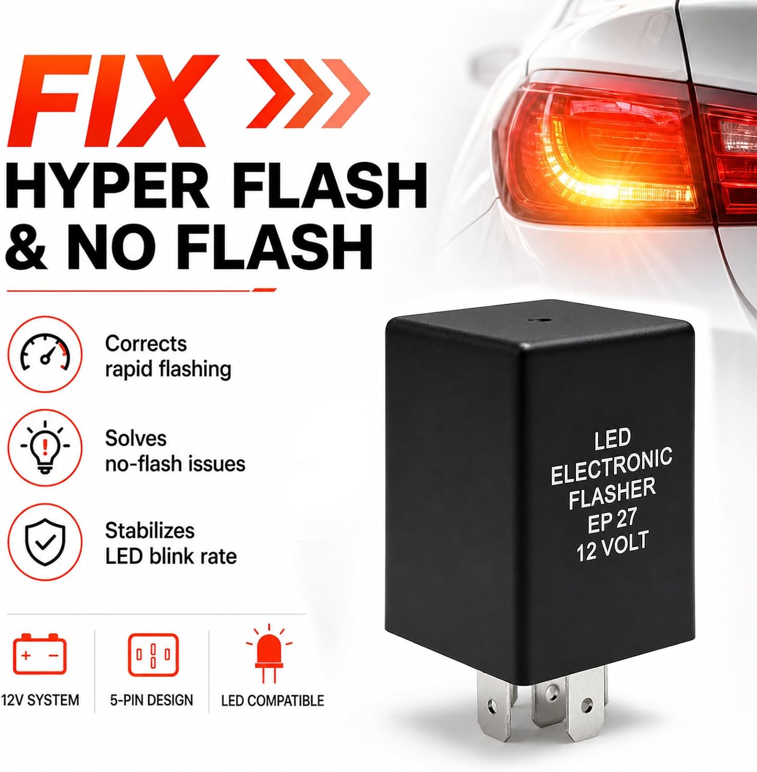 EP27 LED Flasher Relay, 12V/ 20A 5-Pin Plug and Play Turn Signal Relay for Fixing Hyper Flash Issues, Waterproof Electronic LED Blinker Relays for Cars SUVs Trucks