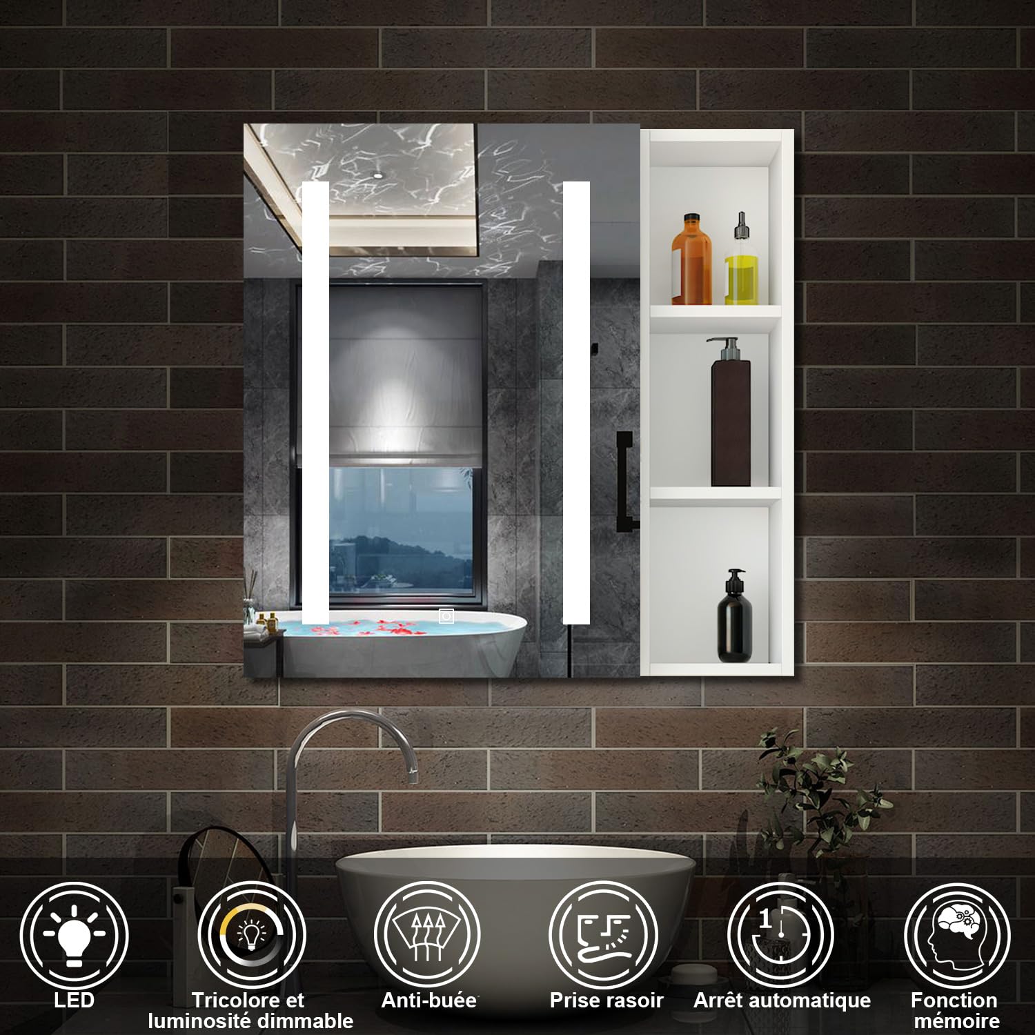 AICA Armoire de Toilette avec Miroir LED et Étagère Latérale, Anti-Buée, Éclairage 3 Couleurs + Prise, Blanc 60x70 cm