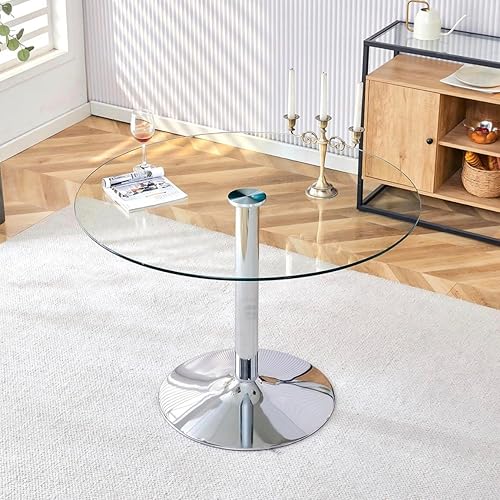 Mesa de comedor de cristal de 40 pulgadas, mesa de comedor redonda con vidrio templado de 0.3 pulgadas y patas de metal cromado, fácil de limpiar,