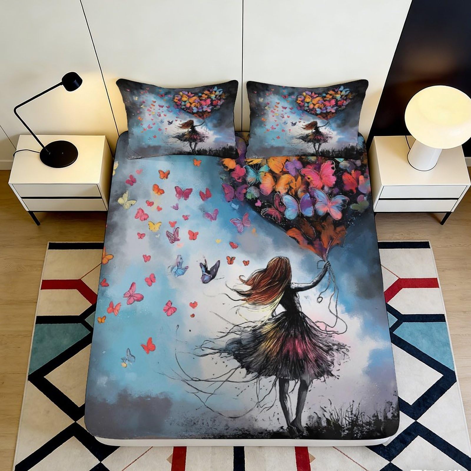 3D Printed Girl Silhouette Fitted Sheet Microfiber Bedroom Art Balloons Mattress Cover for Home Dorm Decor 90x200x25cm