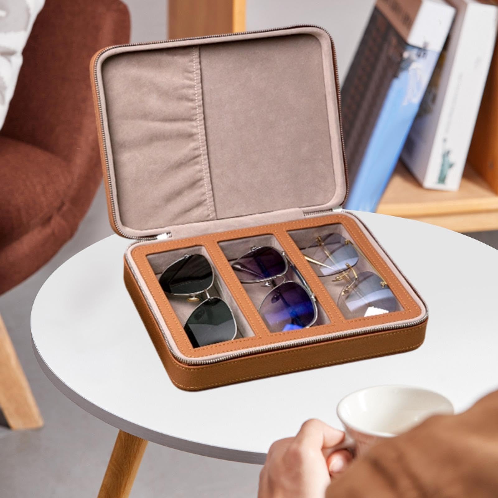 Organizador de Gafas de Sol, Joyero, Vitrina para Relojes, Soporte para Gafas, Caja de Almacenamiento de Gafas Portátil Y Versátil, Accesorios, 3 Compartimentos, universal