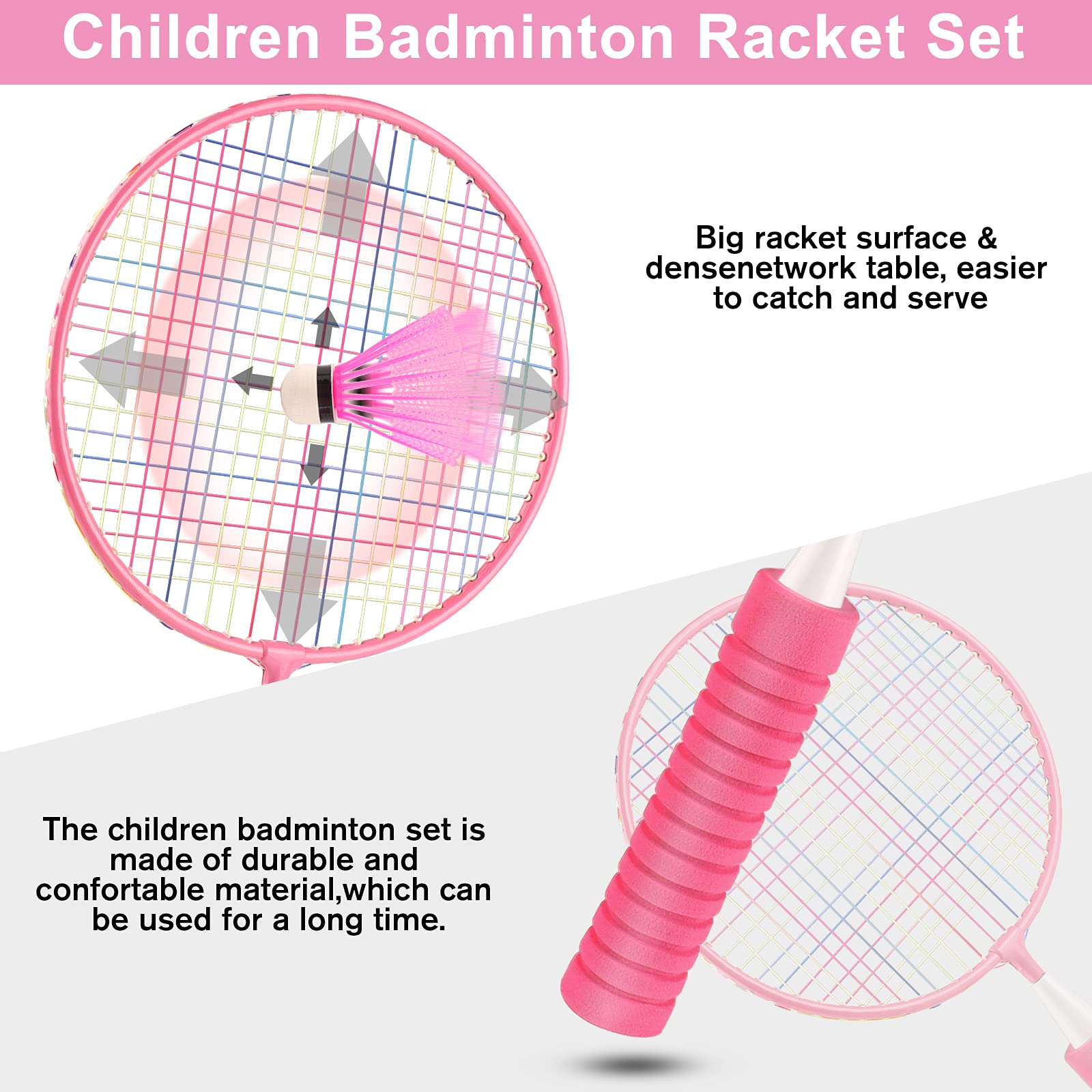 Set da badminton per bambini, resistente, set di racchette da badminton, per attività indoor e attività sportive all'aperto, inclusi 10 badminton e 2 racchette da badminton (rosa)