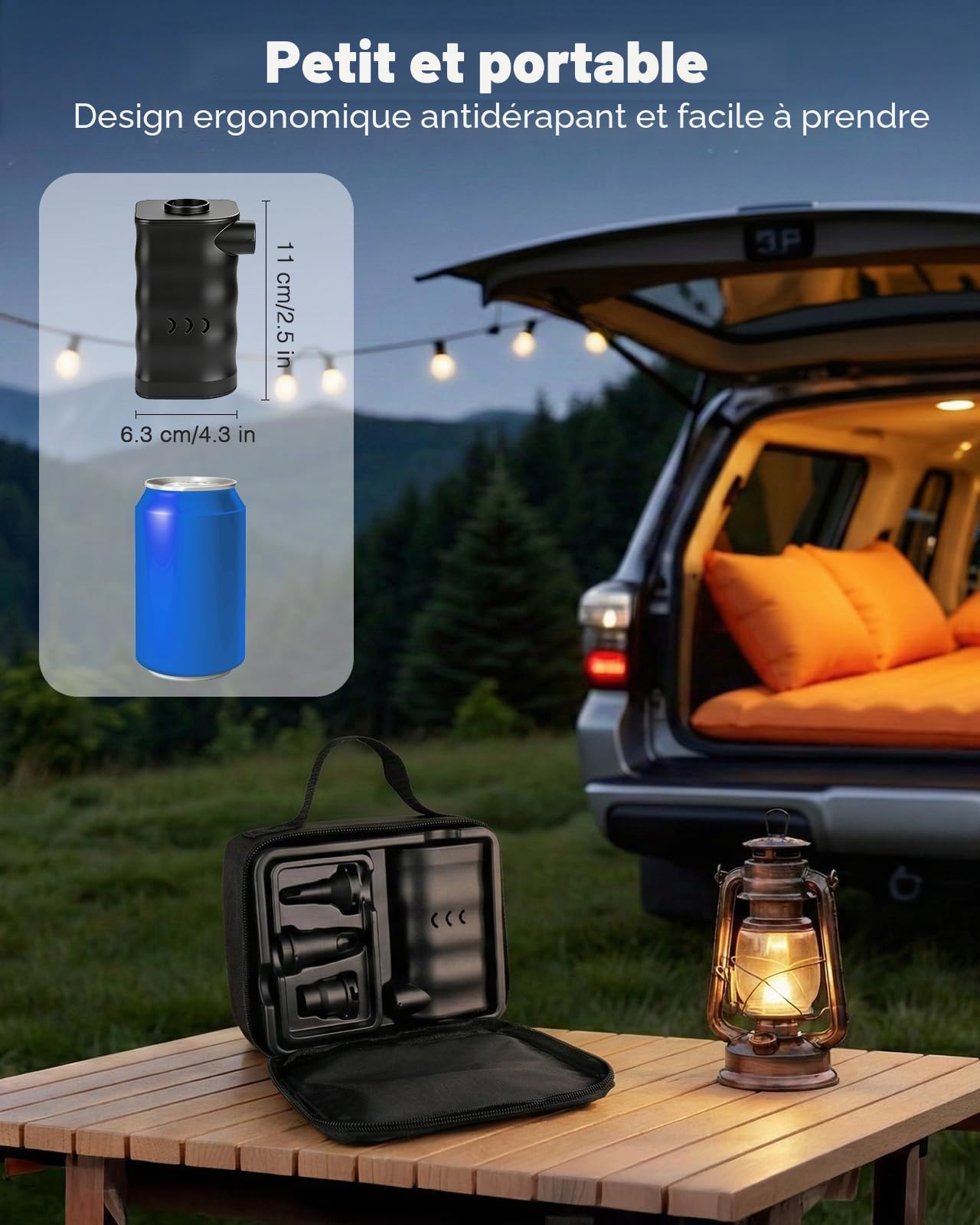Zacro Pompe à air électrique avec charge USB et CC - Batterie intégrée de 6000 mAh avec 3 buses pour matelas gonflable, coussin, lit, bateau et bouée
