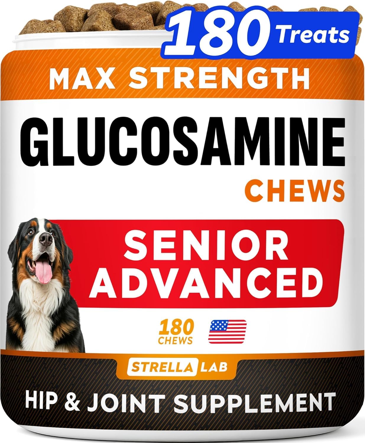 Senior Advanced Glucosamine Chondroitin Joint Supplement for Dogs - Hip & Joint Pain Relief Pills - Large & Small Breed - Hip Joint Chews Canine Joint Health - Chews Older Dogs - Bacon Flavor - 180Ct