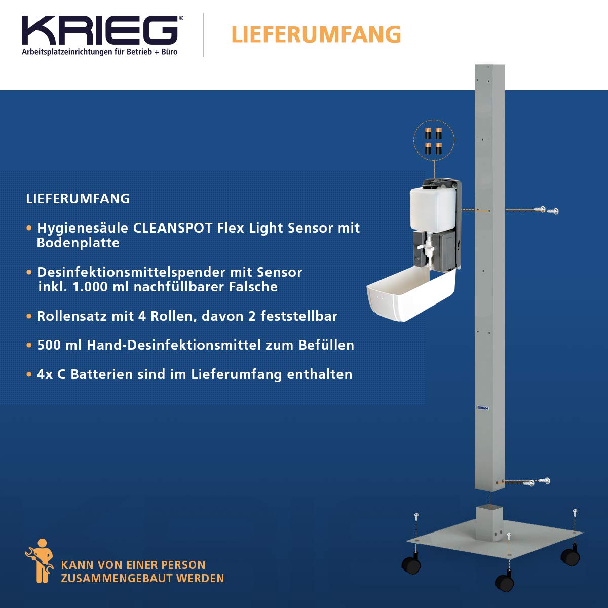 KRIEG Desinfektionsmittelständer mit Sensor I Silber I Kontaktlos Hygienestation 1000 ml - 333 Sprühstöße I Desinfektionsstation freistehend, höhenverstellbar, touchless I Hygienesäule Ready to go