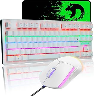 Mechanical Gaming Keyboard Blue Switch Mini 87 Keys Wired Rainbow LED Backlit Keyboard Professional Lightweight Gaming Mouse Gaming Mice Pad for Gamers and Typists (White)