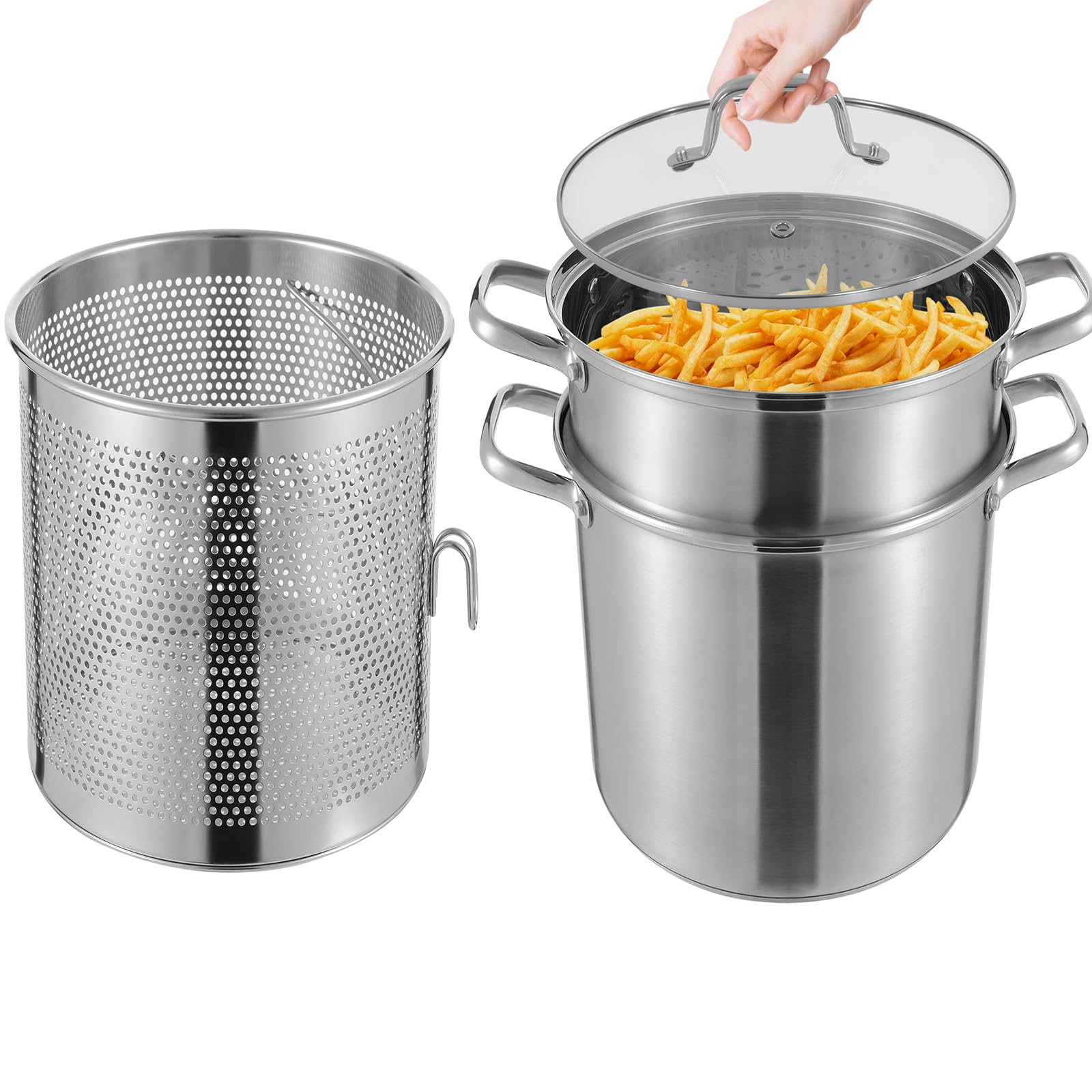Pentola per asparagi e pasta, 8 l, Ø 28 cm, con coperchio in vetro, altezza 36 cm, con colino per pasta, patate, verdure