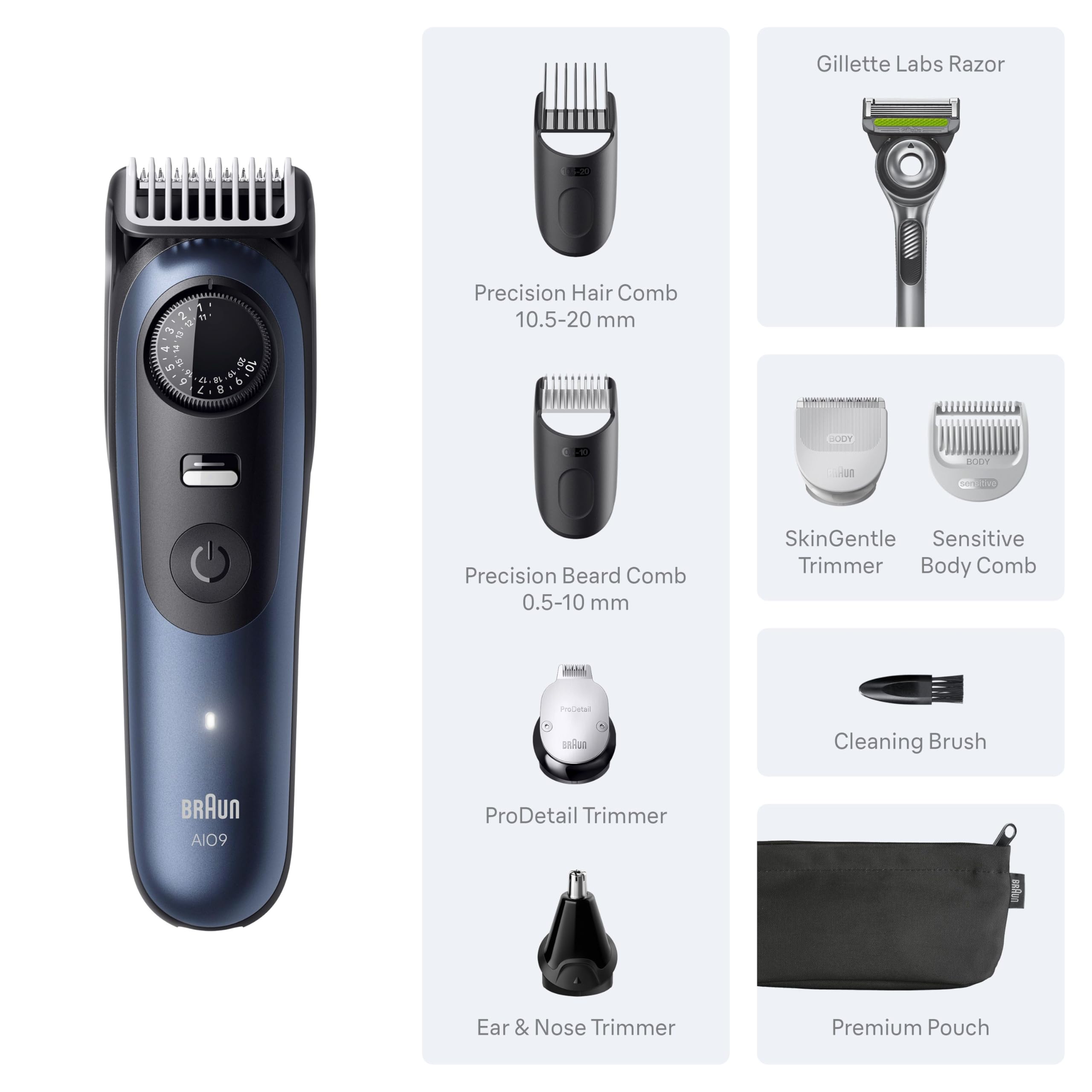 Braun Kit de rasage tout-en-un pour homme série 9 AIO 9530, barbe, visage, nez, oreille, tondeuse à cheveux, tondeuse corporelle et manscaping
