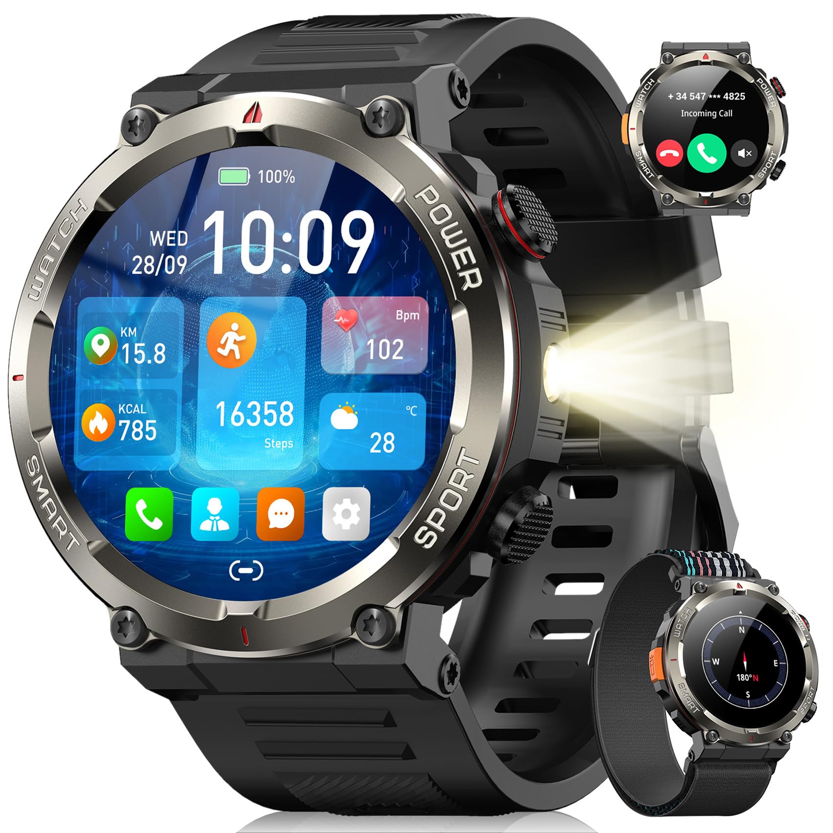 Blackview Męski smartwatch, inteligentny zegarek fitness z połączeniami Bluetooth, 1,45" wojskowy inteligentny tracker 100 trybów sportowych do pomiaru tętna, SpO2, latarki, kompasu dla systemu