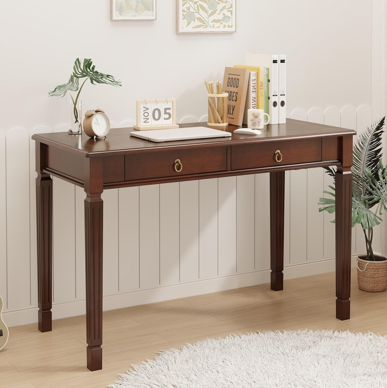 Large Computer Desk With 2 Storage Drawers, 46" Home Office Desks- , Elegant Wood Writing Desks with Carved Legs, Classic Vanity Dressing Table for Living Room, Easy Assembly, Caramel Brown BSZ-D1258