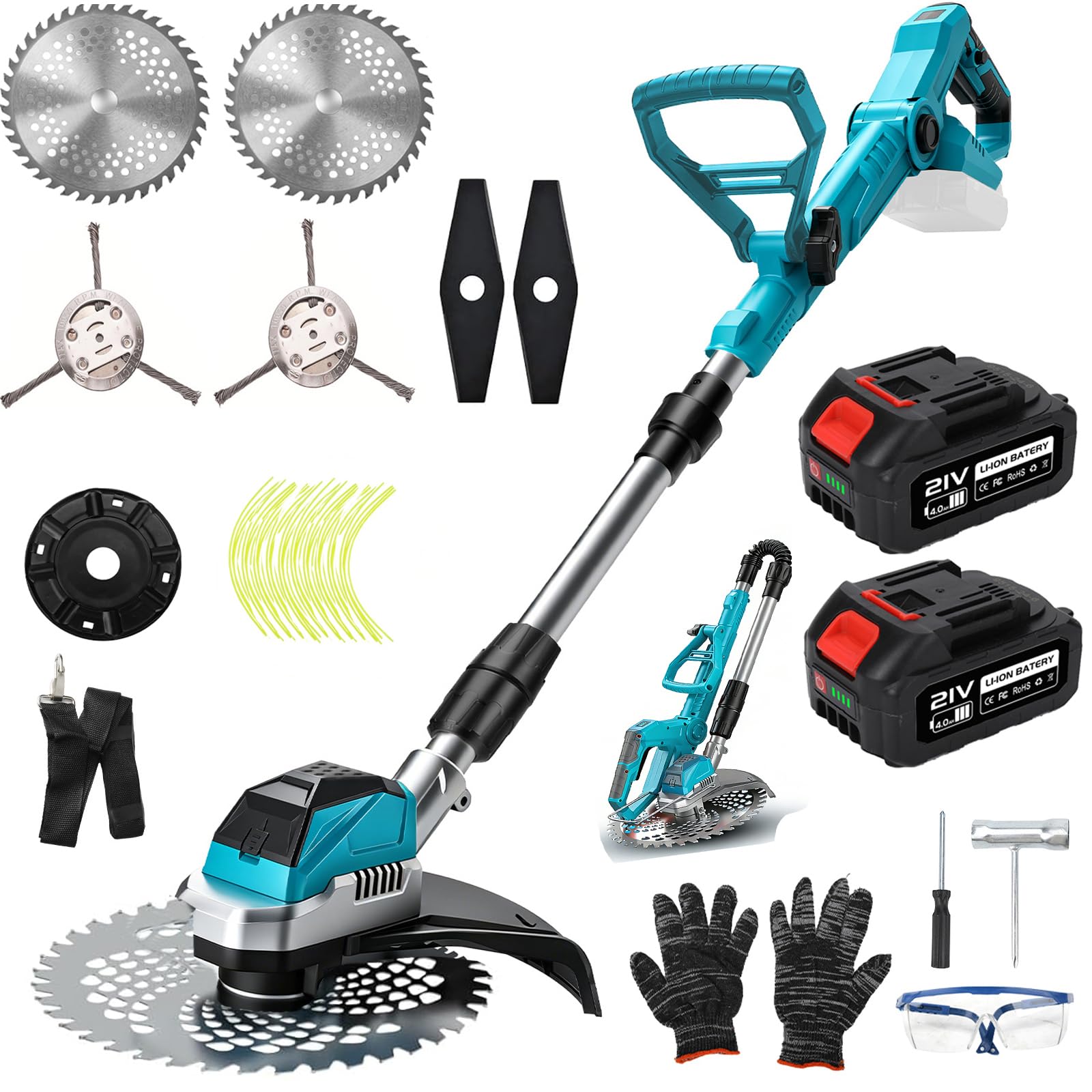 Desbrozadora a Bateria Electrica Recortadora de Cortabordes con Bateria | 21V 4000 mAh, 4 Tipos de Cuchillas, Mango Tubo Ajustables, CortacéSped InaláMbrica para Césped y Jardín