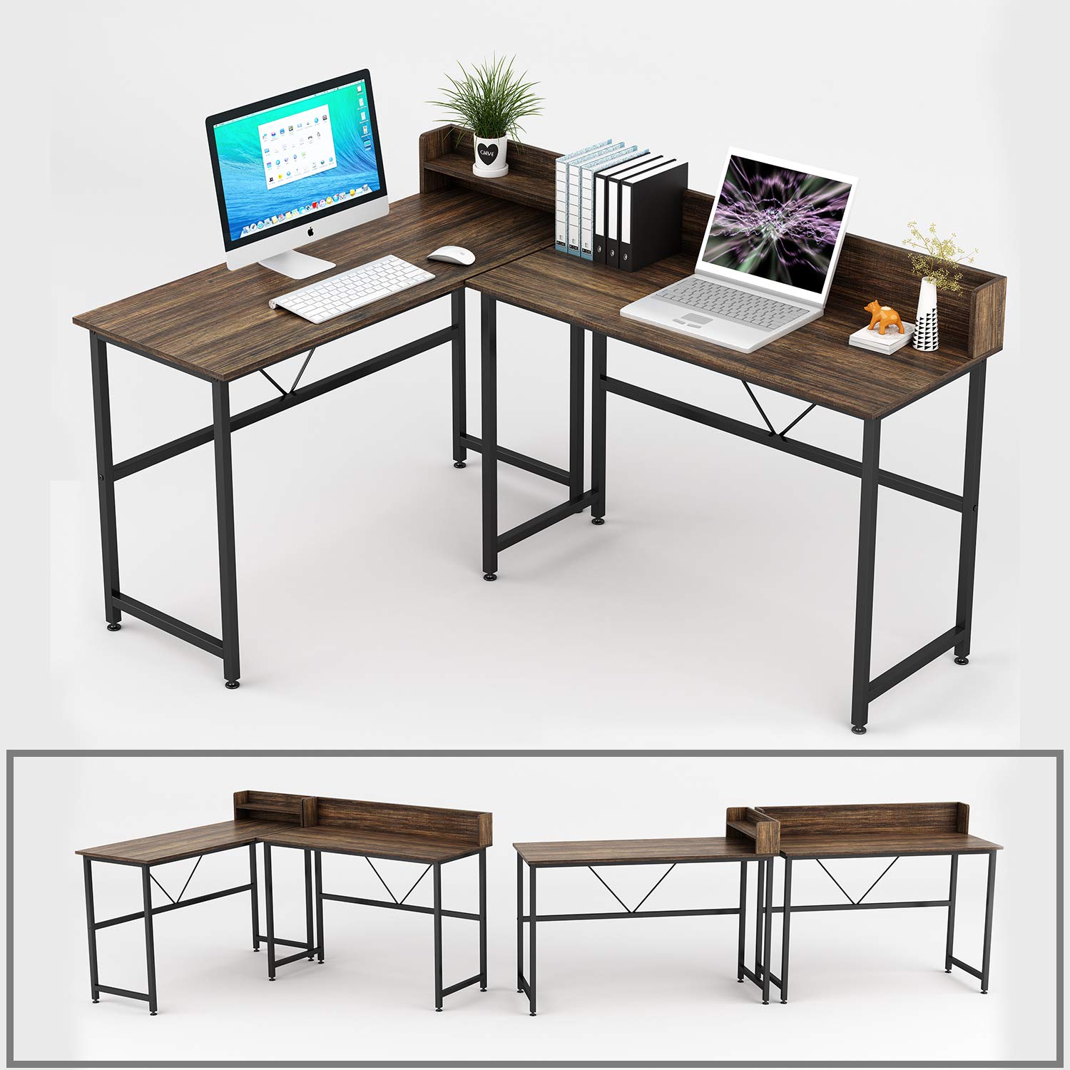 Umekesa L Shaped Computer Desk, 86.6" Two Persons Computer Desk,Two Writing Desk or Long Desk, Large L Shaped Corner Desk with Baffle for Home Office, Rustic Walnut,58.26"(L) x 47.24"(W) x 29.52"(H)