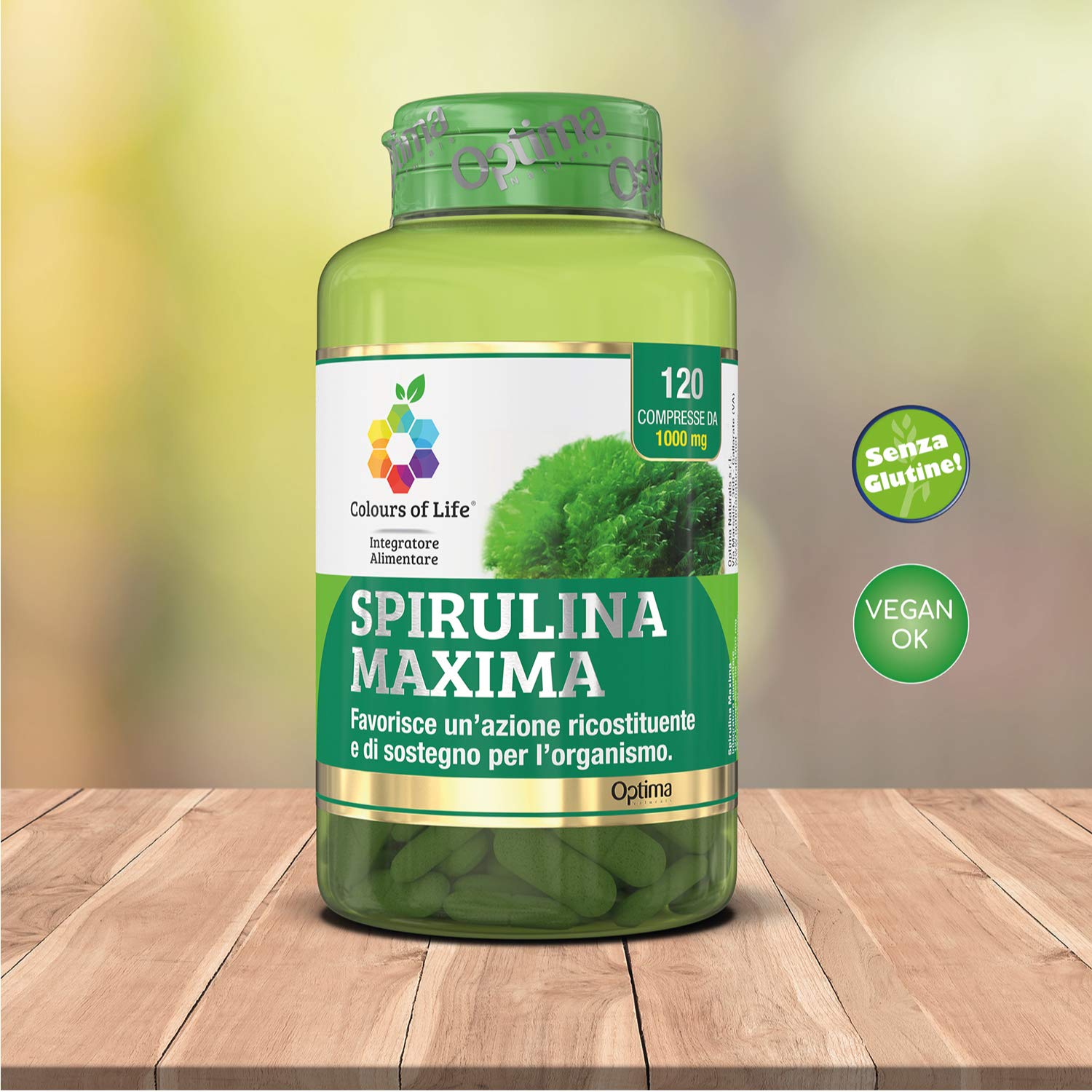 Colours of Life Spirulina Maxima - Integratore di Spirulina - Azione Ricostituente e di Sostegno per l'Organismo - Vegano e Senza Glutine, 120 Compresse