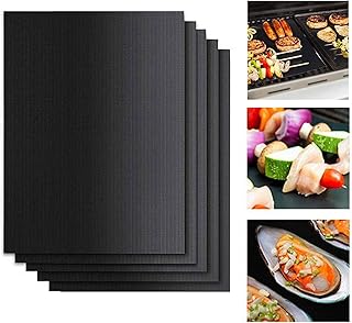 BBQ Grill Mat, 5-Pack Non-Stick Barbecue Baking Sheets, Non Stick Reusable Cooking Mats, Barbecue Mats for Grilling Meat, Veggies, Seafood, Eggs, 40x33CM (Black)