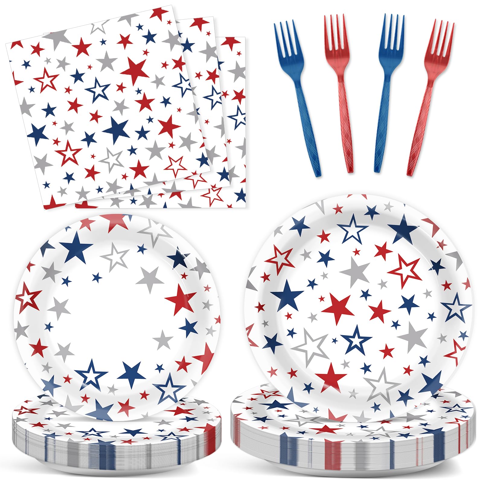 ZOIIWA 96PCS 4th of July Paper Plates and Napkins Patriotic Party Supplies Set Red Blue Silver Stars Disposable Tableware USA Themed Dinnerware for
