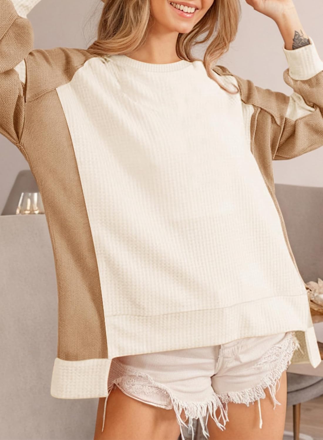 Dokotoo Oversized Sweatshirt for Women Waffle Knit Color Block Crewneck Long Sleeve Casual High Low Pullover Sweatshirts Tops - Image 3