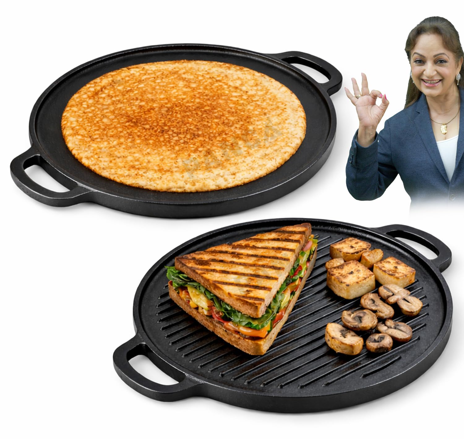 PANCA Cast Iron Double Sided Tawa Grill Pan 30cm | 2-in-1 Reversible Dosa Tawa & Grill Pan | Pre-Seasoned Heavy Duty Pan for Roti, Tofu, Mushrooms & Healthy Cooking-image-12