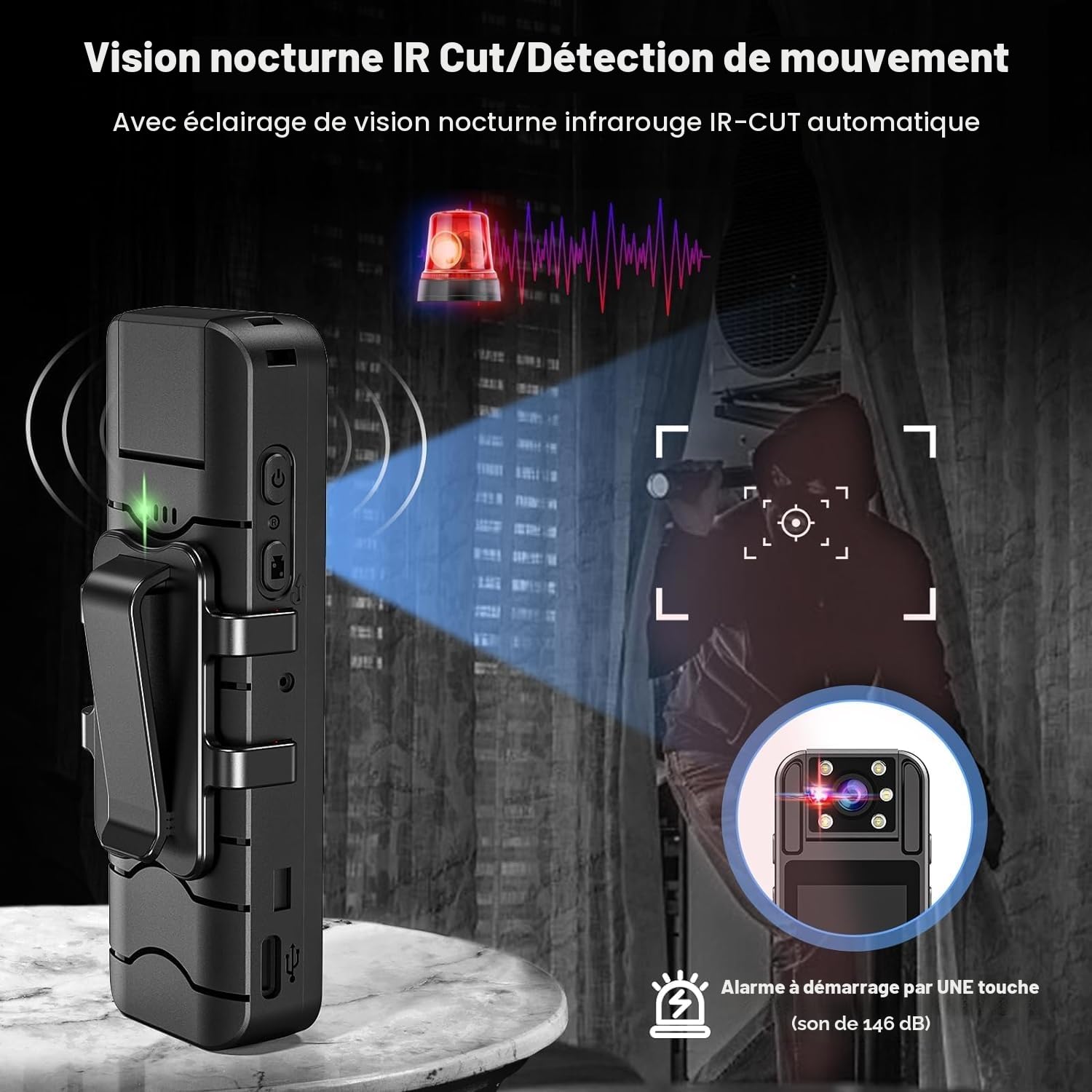 kaysunlink Caméra Corporelle FHD 1080P avec Carte 128 Go, Objectif Rotatif à 180°, Vision Nocturne, Mini Caméra Portable pour la Police, Enregistreur Vidéo d'action Sportive en Extérieur, Noir