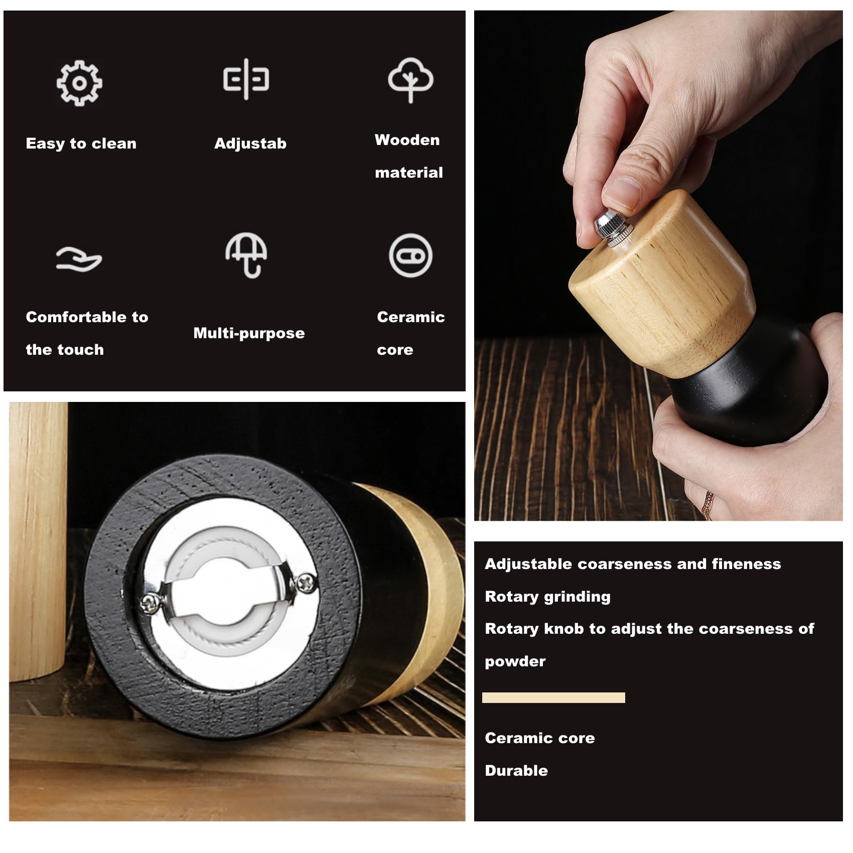 Salz und Pfeffermühle aus Holz mit untersetzer und Löffel,2er set Keramikmahlwerk Gewürzmühle,manuelle Pfeffermühle,Gewürzmühle Grinder mit verstellbarem Mahlwerk für Gewürze Pfeffer Salz 17cm